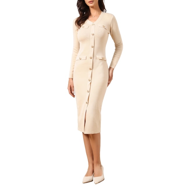 Vestido de suéter Bodycon INSPIRE CHIC para mujer 2025, vestido midi de punto con cuello en V, mangas largas y decoración de botones, talla L, color albaricoque
