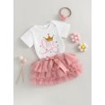 thumbnail image 3 of LMLYSoH Baby Girls Summer Outfit Sets White Short Sleeve Letter Crown Print Romper + Pink Tulle Skirt + Headband, 3 of 9