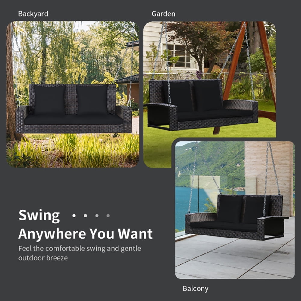 Aimee Lii 2-Person Patio Rattan Porch Swing with Cushions, Outdoor Patio Furniture, Black