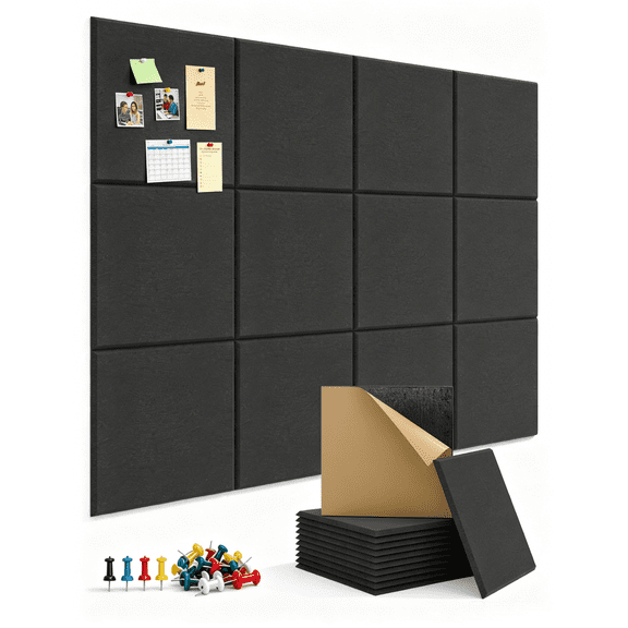Kuchoow Large Cork Boards for Walls 48" x 36" Bulletin Boards with Pushpins for Office, 12 Pack Self-Adhesive Tack Board Self-Adhesive Black Felt Wall Tiles for Room Classroom