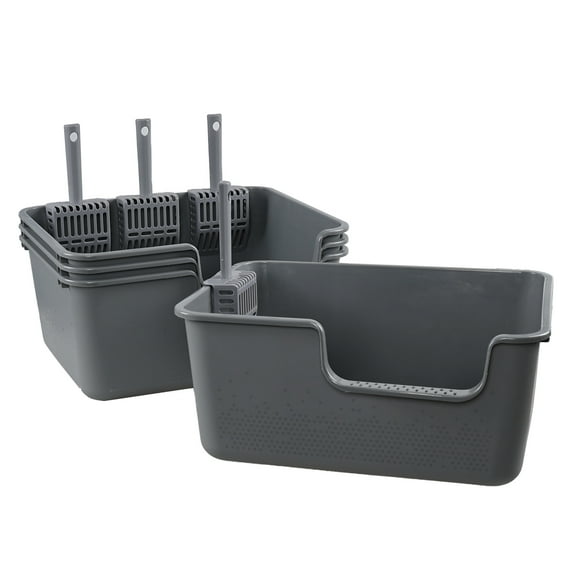 Yuright Plastic High Side Cat Litter Boxes with Scoops, 4 Pack Gray Open Top Litter Trays