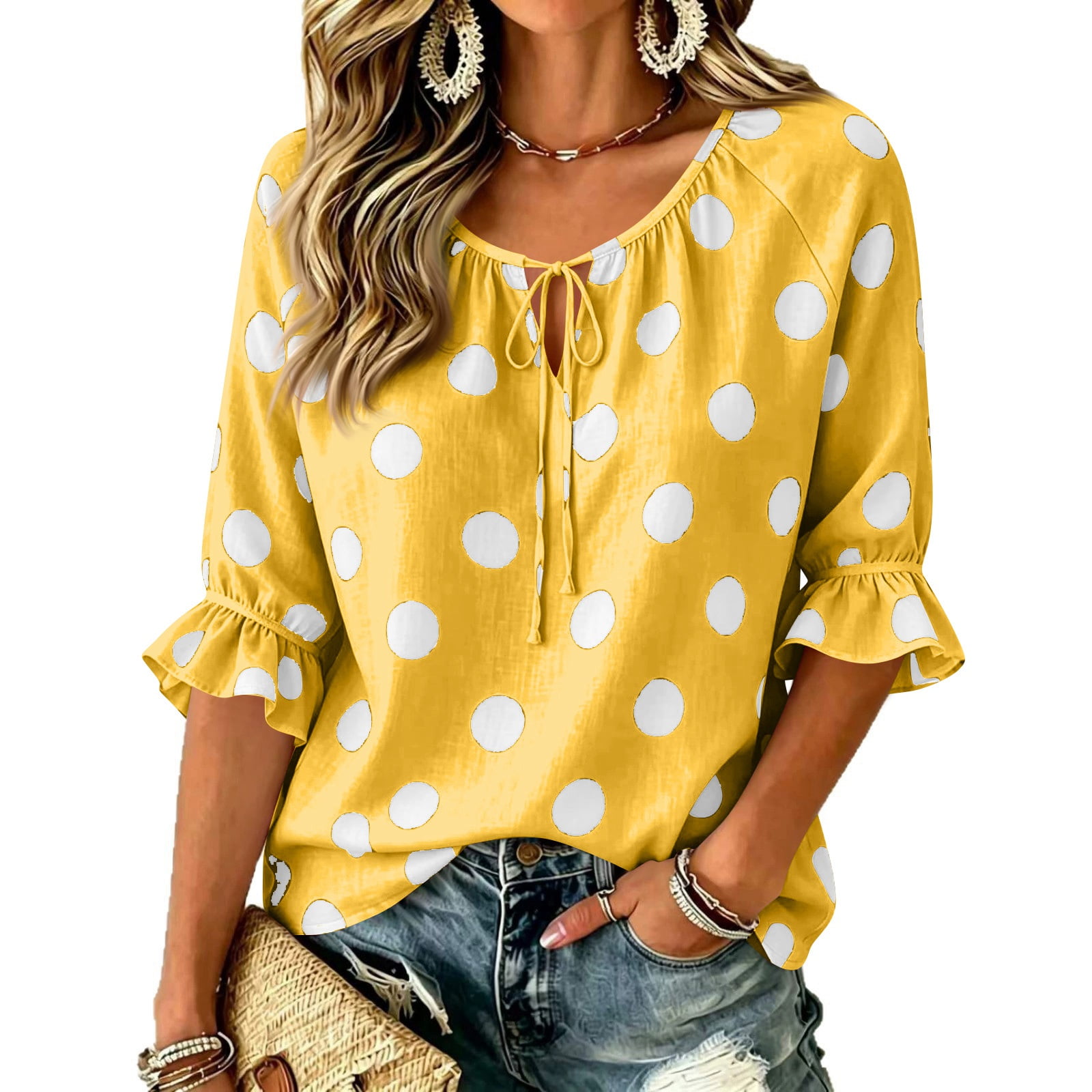 Trgacdwlo Polka Dot Lace Up Womens Ruffle 3/4 Sleeve Tops Trendy Floral Drawstring V Neck Womens Boho Tops Flowy Retro Blouses for Women Trendy