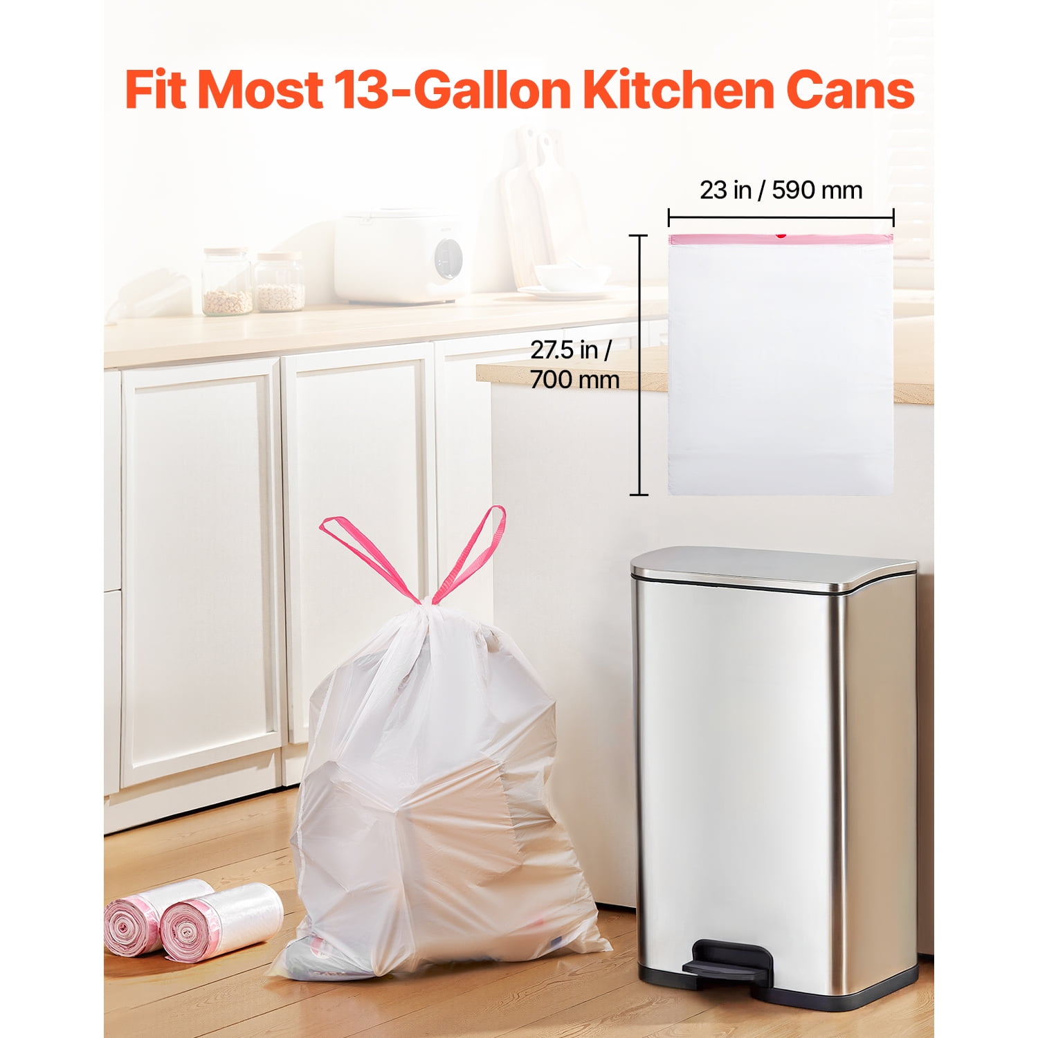 KFFKFF Drawstring Trash Bags, 13 Gallon 110 Count Tall Kitchen Bags, Thick Fresh Scent Garbage Bags, Recyclable Bin Bags with Drawstrings, for Home Kitchen, Office, RV, and Camping (White)