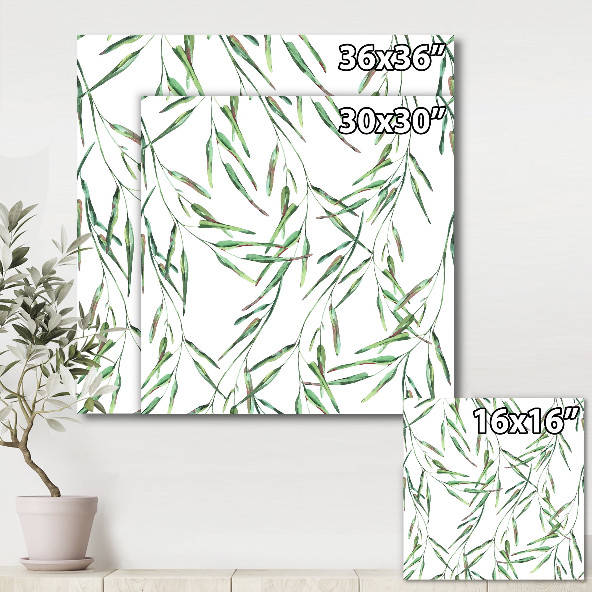 Designart ' Tropical Green Leaves On White In Summer Times II ' Tropical Canvas Wall Art Print