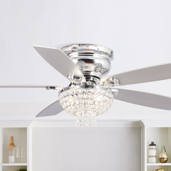 Parrot Uncle 52" Modern Chrome Flush Mount Chandelier Ceiling Fan with Lights and Remote, Low Profile Ceiling Fan for Bedroom, Living Room
