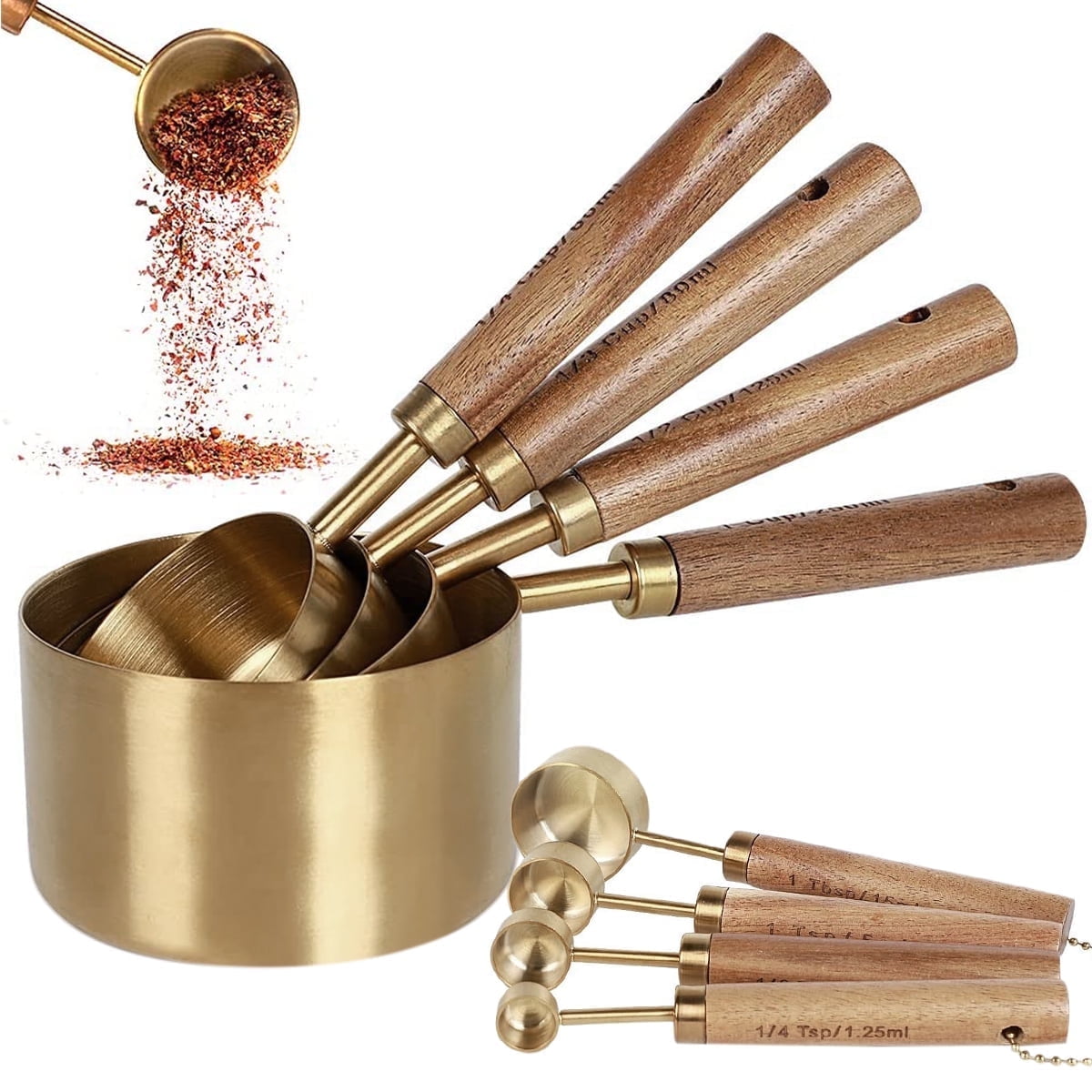 FUYGRCJ 8PCS Measuring Spoons and Cups Set, Precision Measuring Cups with Wooden Handle, 4 Stackable Measuring Cups and 4 Measuring Spoons Set with Metric and US Measurements for Cooking & Baking