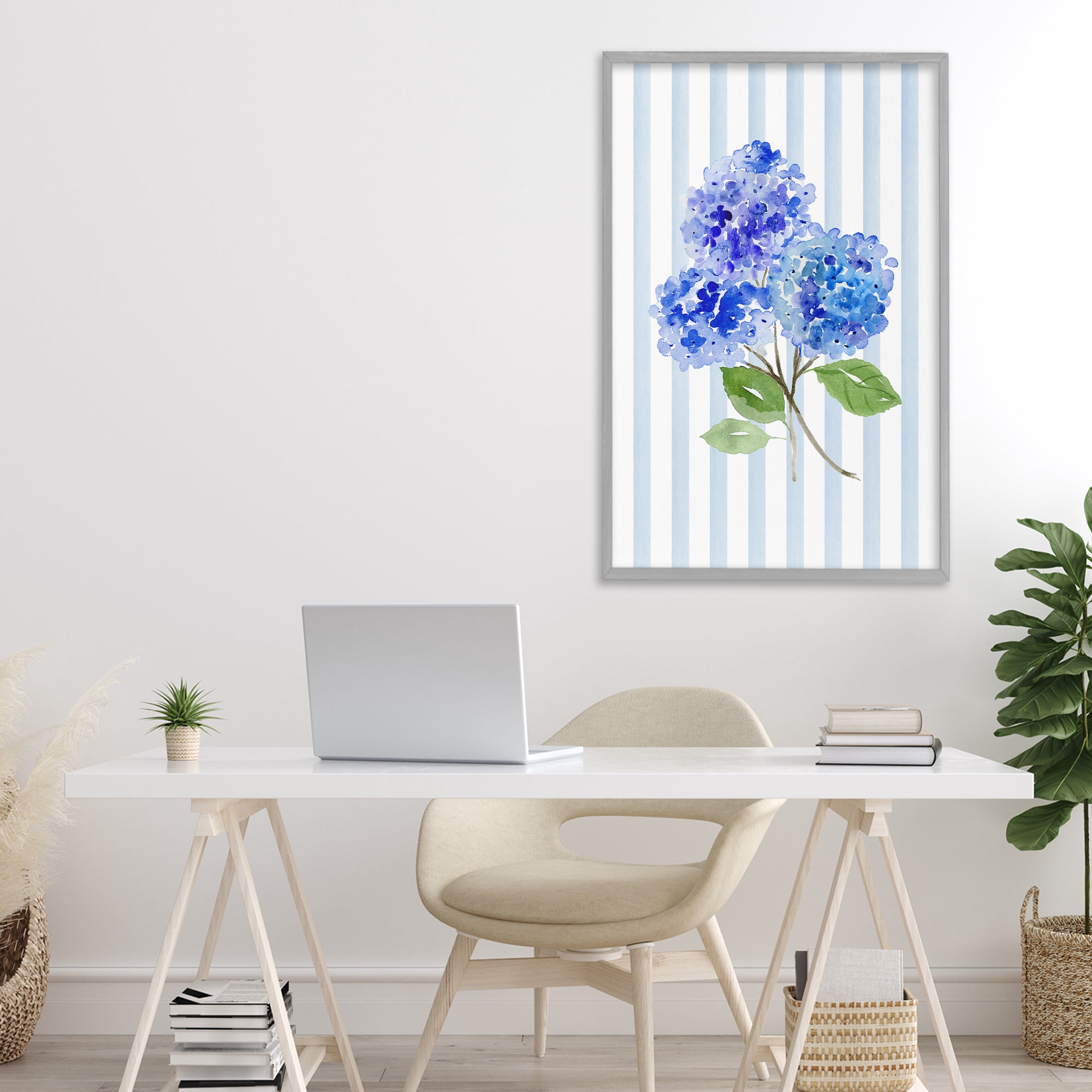 Stupell Industries Blue Hydrangeas over Stripes Gray Framed Giclee Art, design by Corinne Haig