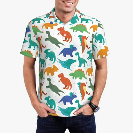 Susaid Colorful Dinosaur Print Men s Short Sleeve Polo Shirt Golf Shirts for Men Business Casual Polos-3X-Large