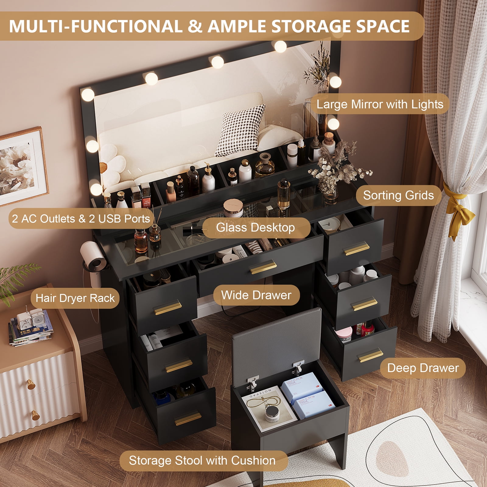 Vanity Desk with 38" Large Mirror and 9 LED Lights & Glass Top and Power Outlet, Adults Makeup Vanity with Chair and 7 Storage Drawers, Dressing Table Set for Bedroom, Modern Black