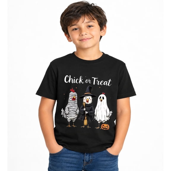 Halloween Chicken Trio Halloween Graphic T-Shirt for Boys, Cute Seasonal Short Sleeve Shirt for Everyday Wear