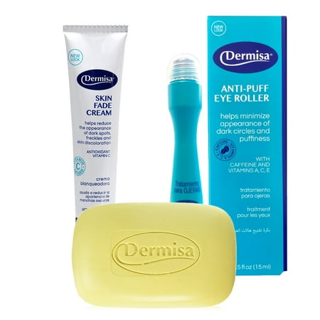 Dermisa Kit, Skin Fade Cream 1.78 Oz / 50 g. + Anti-Puff Eye Roller 0.5 Fl Oz / 15 ml. + Brightening Bar Soap 3 Oz / 85