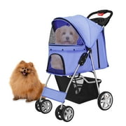 Pet Stroller (Deep Blue) Dog Cat Small Animals Carrier Cage 4 Wheels Folding Flexible Easy to Carry for Jogger Jogging Walking Travel Up to 30 Pounds with Sun Shade Cup Holder Mesh Window