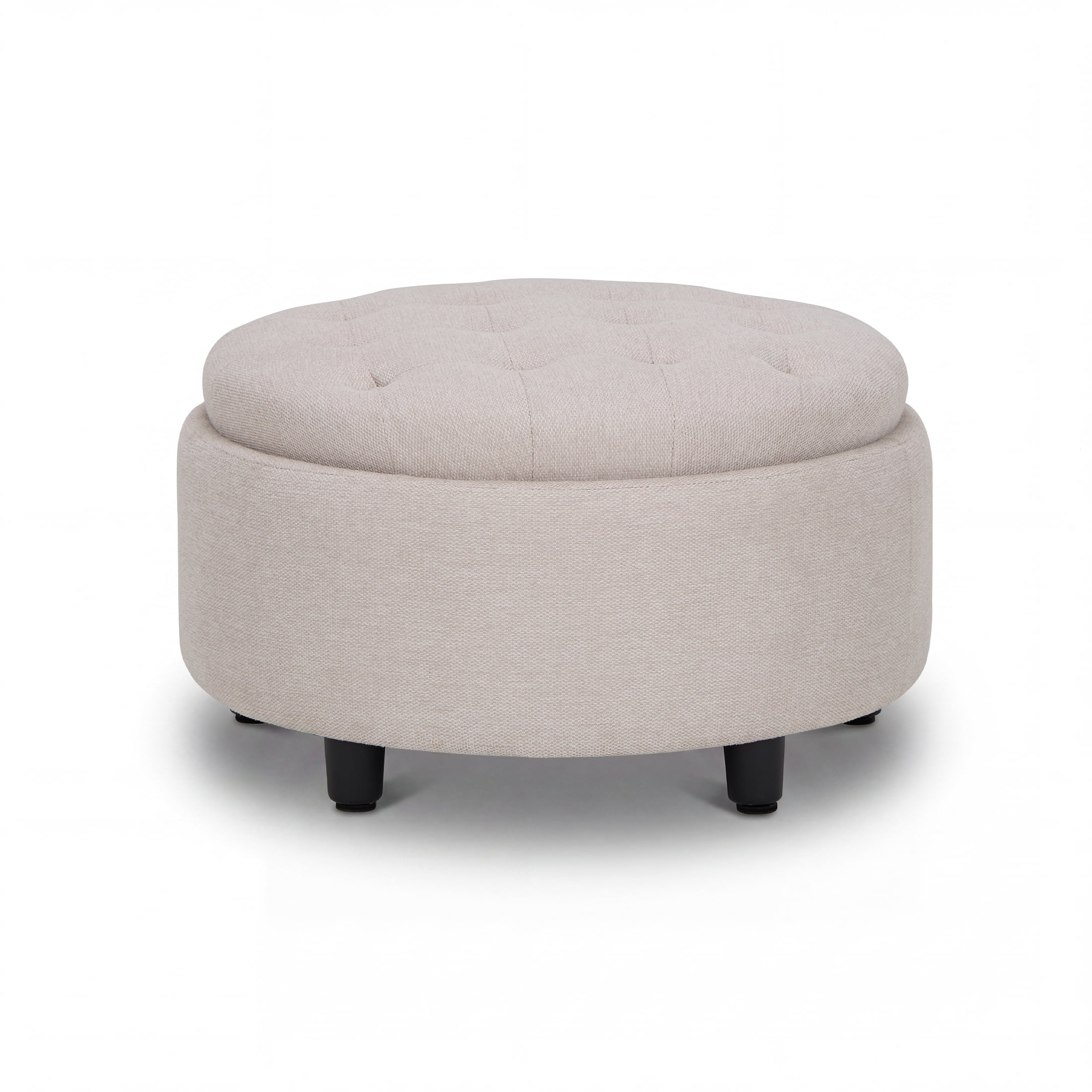 Beige Round Ottoman with Storage and Reversible Tray, Upholstered Fabric Footrest Coffee Table for Living Room, Bedroom, Entryway-25 Inch