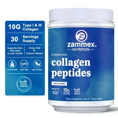 Zammex Collagen Peptides Powder, Hydrolyzed Beauty Collagen For Women, Pure Grass-Fed Unflavored Collagen Powder, 10.6oz