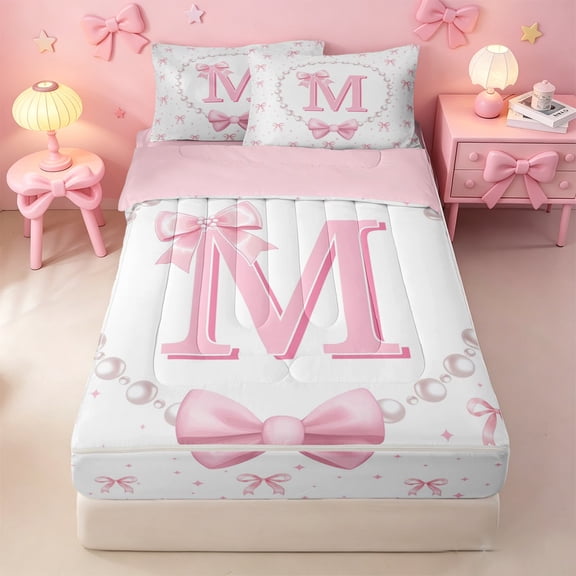 meiyoeat Chic Bow Tie Zipper Twin Comforter Sets with Fitted Sheet and 2 Pillowcases For Bowknot Girls,Pink Initial Letter M Zipper Bedding Set For Kids,Pink Reversible,4-Piece
