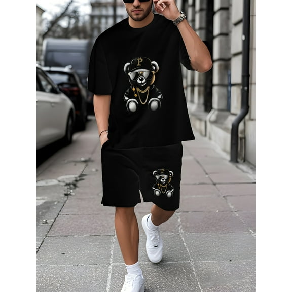 Men's Cotton Cool 3D Animal Graphic Tee T Shirt and Shorts Set Boys School 2 Piece Outfits Fashion Summer Tracksuits Casual Sportwear Set Black S
