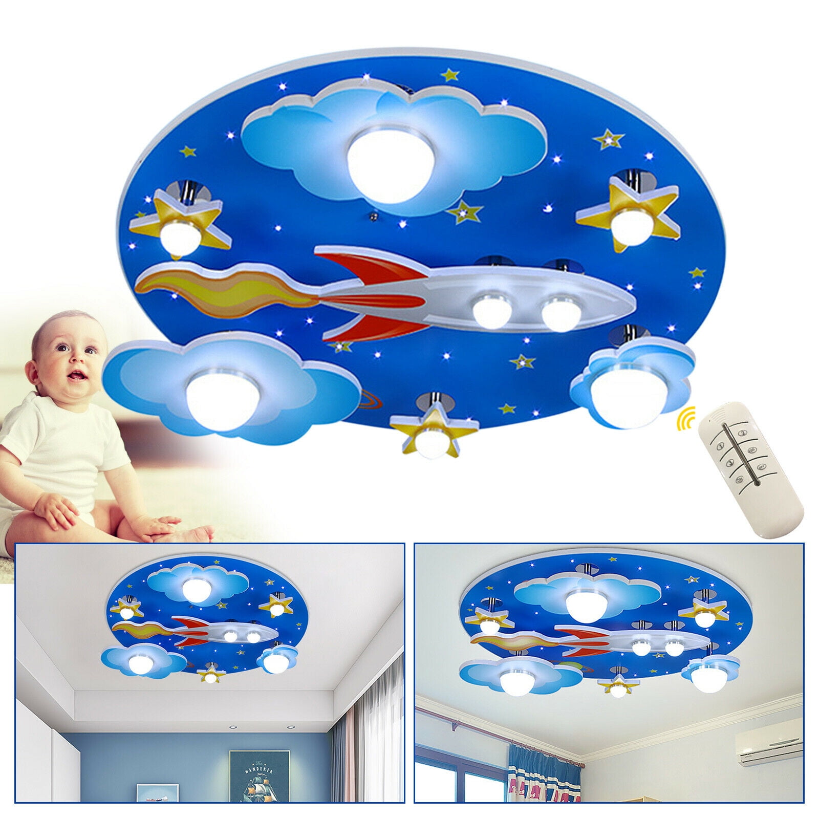 Wuzstar Modern Cartoon Rocket Ceiling Light Cloud Star Close to Ceiling Light Fixture LED Flush Mount Light for Childrens Room