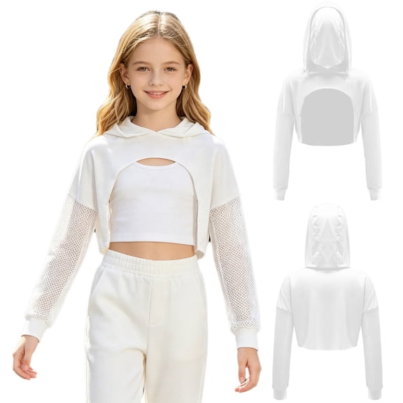 Aislor Girls Mesh Long Sleeve Drawstring Hooded Crop Top for Hip Hop Jazz Dancewear White 10