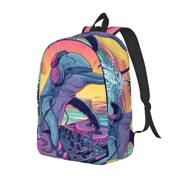 Disketp Hip-Hop DJ Dolphin Mochila de Lona Estampada, Mochila Escolar de Viaje Ligera para Estudiantes y Portátil-Medium