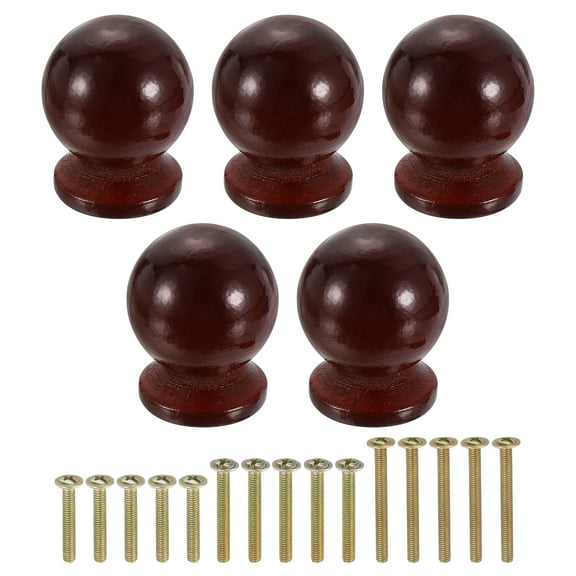 Uxcell 5 Pack Round Wood Drawer Knob, 1.14" x 1.38" Round Cabinet Knobs Ball Shape Wooden Knobs with Screws for Furniture Drawer Dresser Wardrobe Cupboard, Tea Red