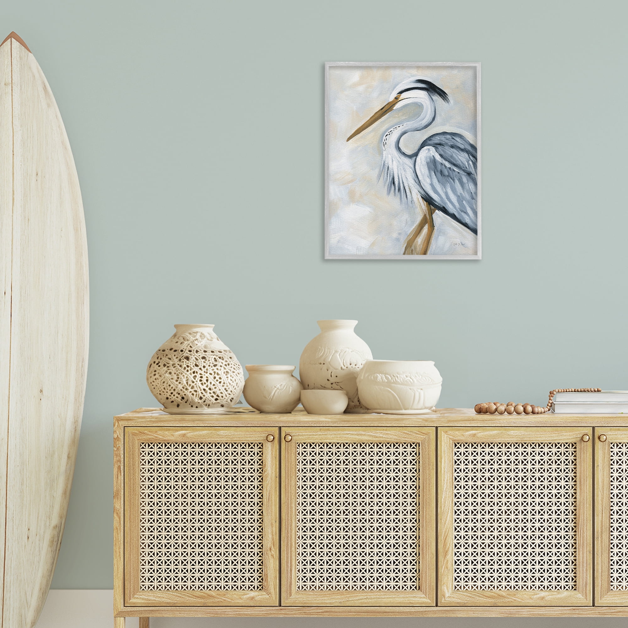 Stupell Industries Muted Blue Heron Animals & Insects Painting Gray Framed Art Print Wall Art, 24 x 30