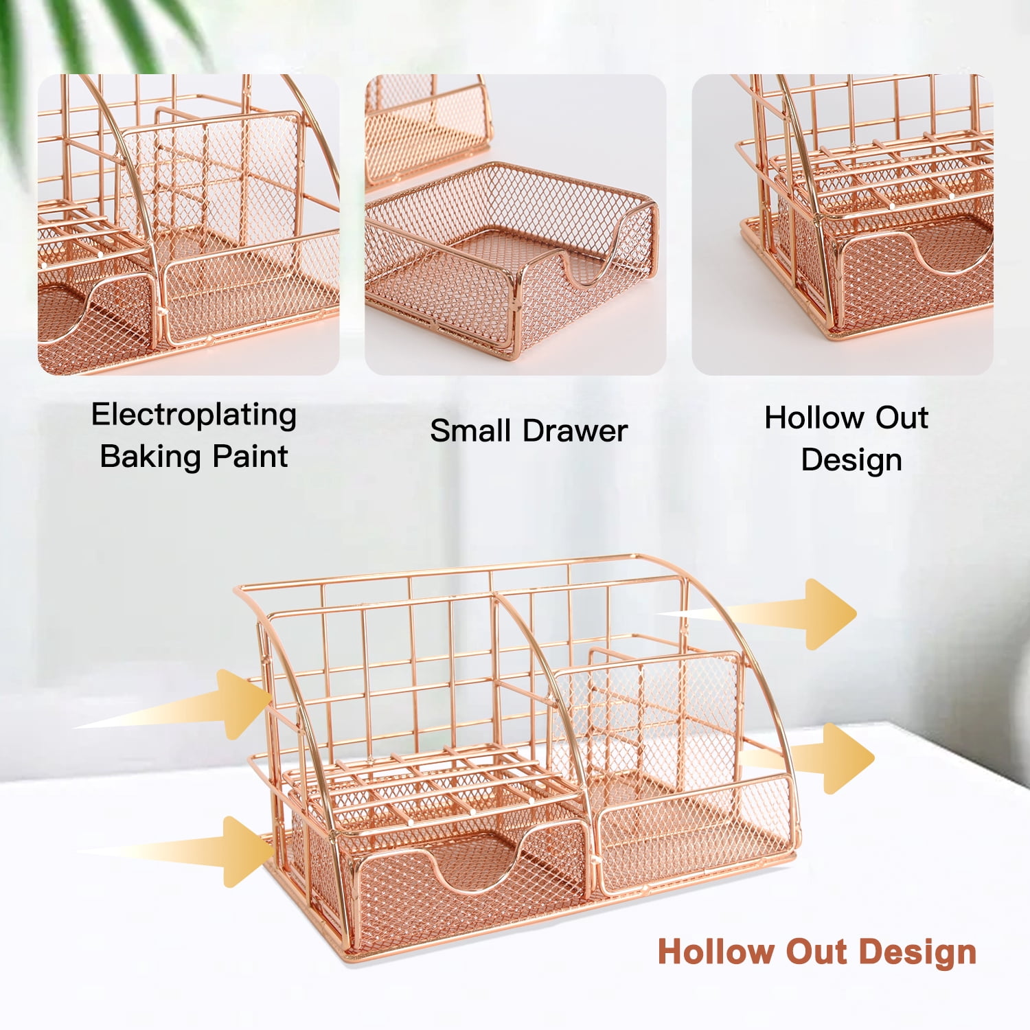 Rose Gold Desktop Organizer - Metal File Holder & Office Supply Rack - Multifunctional Storage for Stationery, Mail, Cosmetics - Compact Design for Home Office & Workspace