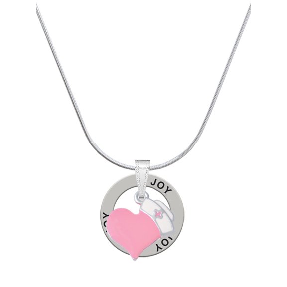 Delight Jewelry Silvertone Pink Heart with Nurse Hat Joy Ring Charm Necklace, 18"