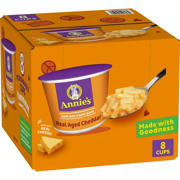 Annie's Real Aged Cheddar Cheese with Organic Macaroni, Microwavable Cups, 8 Count, 16.08 oz
