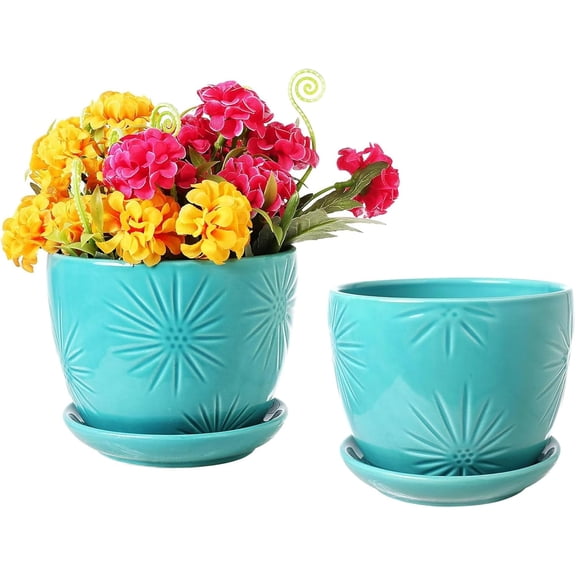 MyGift 5-inch Aqua Ceramic Flower Planter Pots, Sunburst Design with Saucers, Set of 2