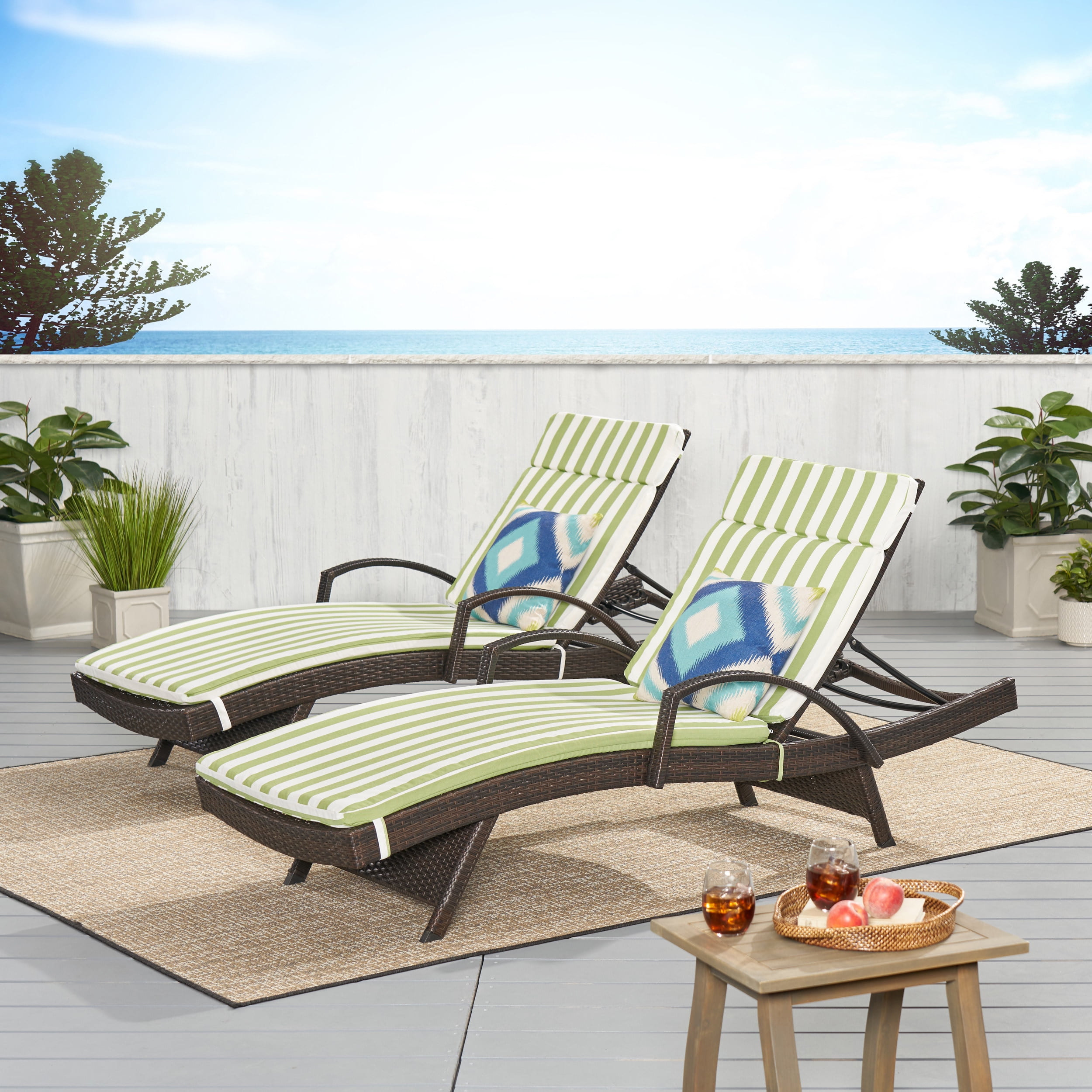 Noble House Salem Outdoor Wicker Arm Chaise Lounge in Brown and Green (Set of 2)