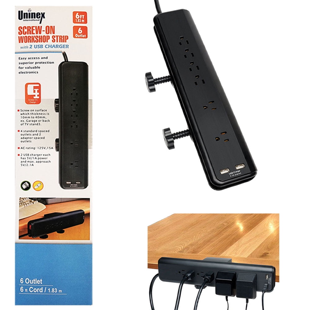 Desk Mountable Power Strip 6ft Cord 2 USB 2.1A Ports 6 Outlets Screw On