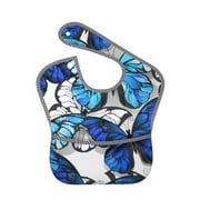 Bingfone Mess-Proof Baby Bib - Waterproof Bib For Baby Boy Or Girl With Food Catcher Pocket, Unisex-Blue And White Butterflies
