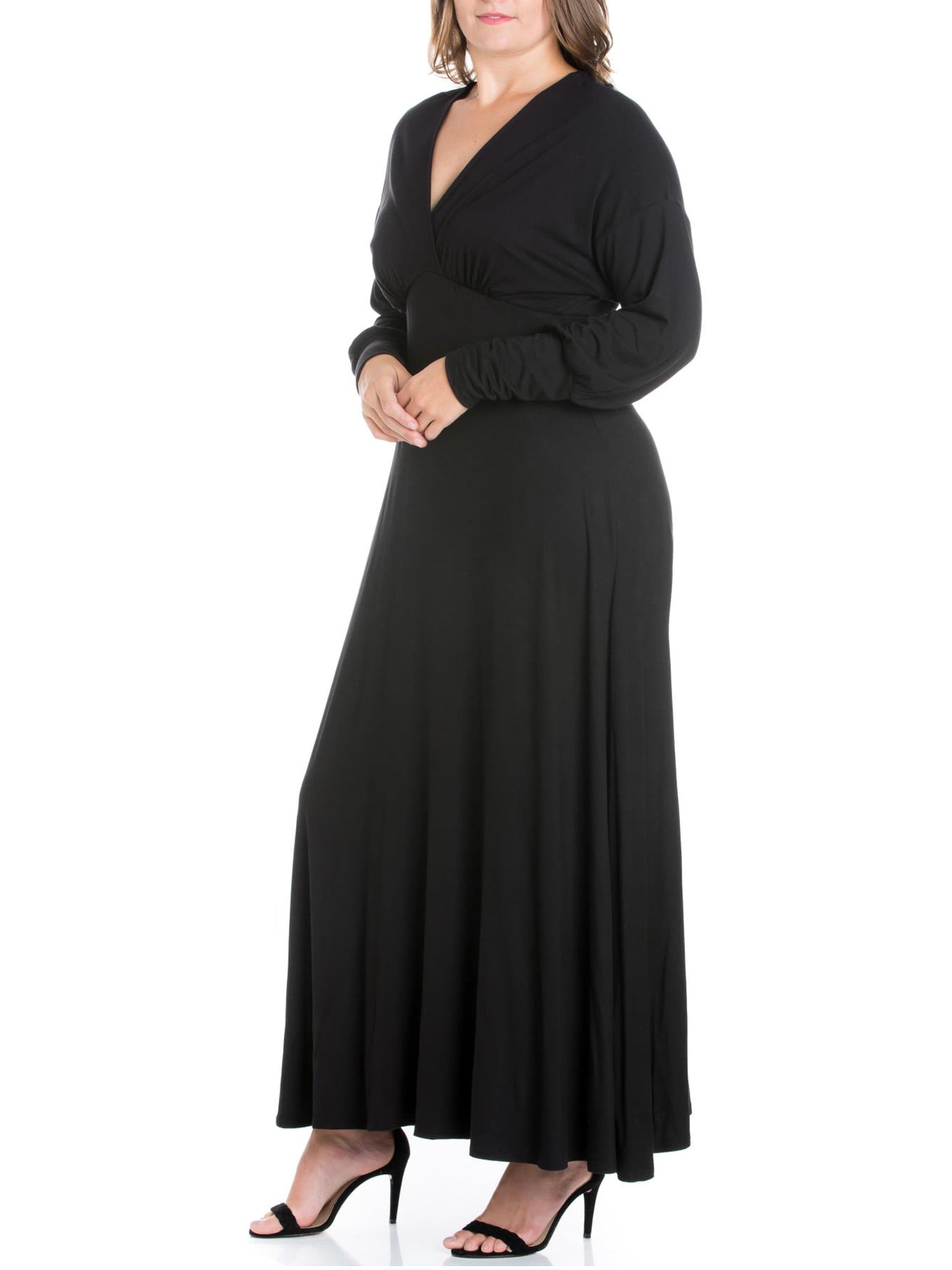 24seven Comfort Apparel Plus Size V-Neck Long Sleeve Maxi Dress