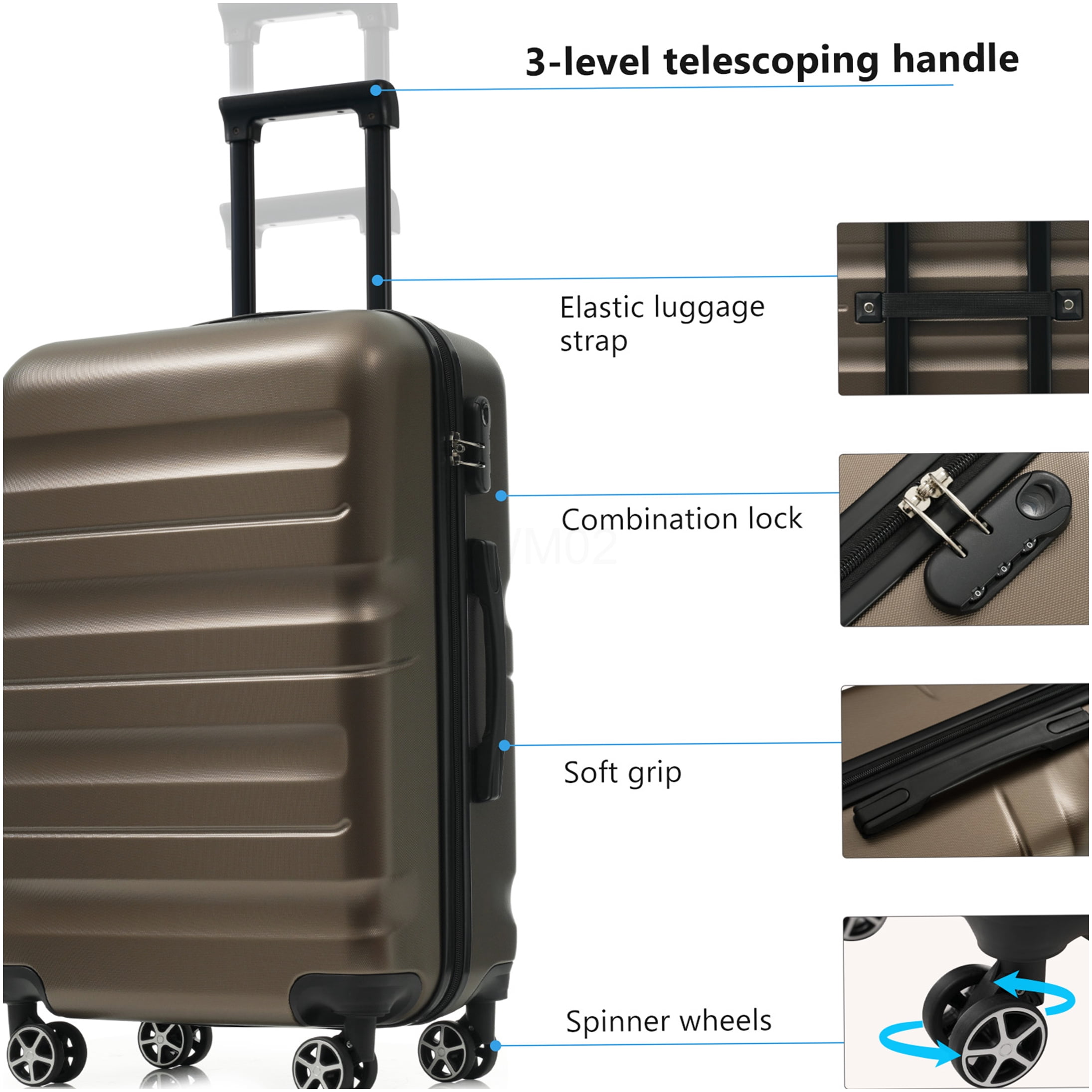 Brown ABS Hardshell Luggage Set with Spinner Wheels, Expandable Suitcases for Travel and Business, Lightweight Durable Carry On and Checked Bags