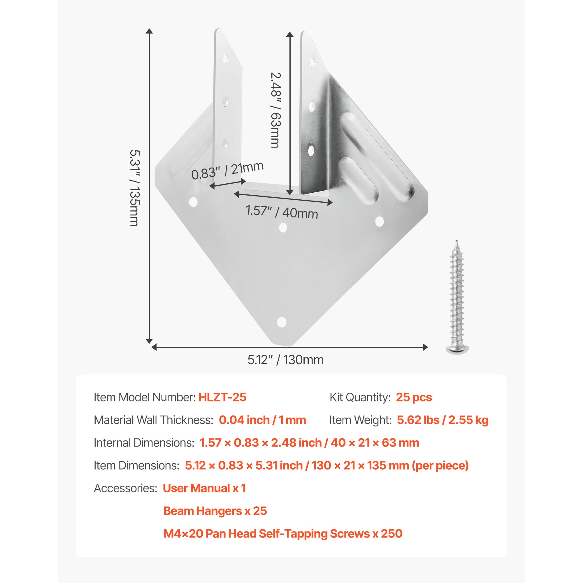 KFFKFF Hurricane Ties for Rafters, Inner Dimensions 5.31x1.57x2.48 in / 135x40x63 mm, Durable Straps for Roof Beam and Wooden Construction, 25 Pieces