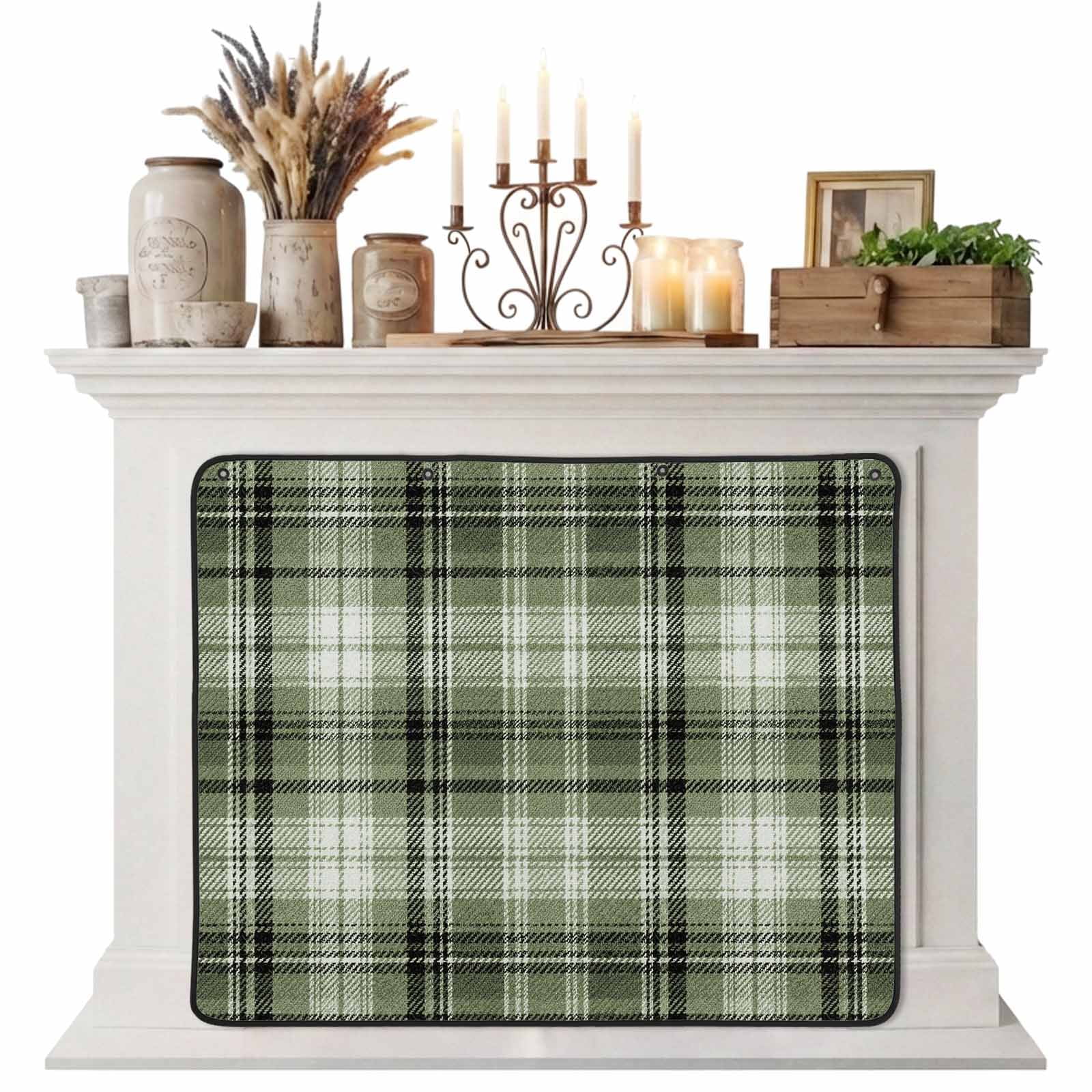 Magnetic Fireplace Cover Green Checked Plaid Fireplace Screen Stripes Woven Grid Insulation Fireplace Blocker Blanket Save Energy Fireplace Draft Stopper Covers for Living Room 39x32