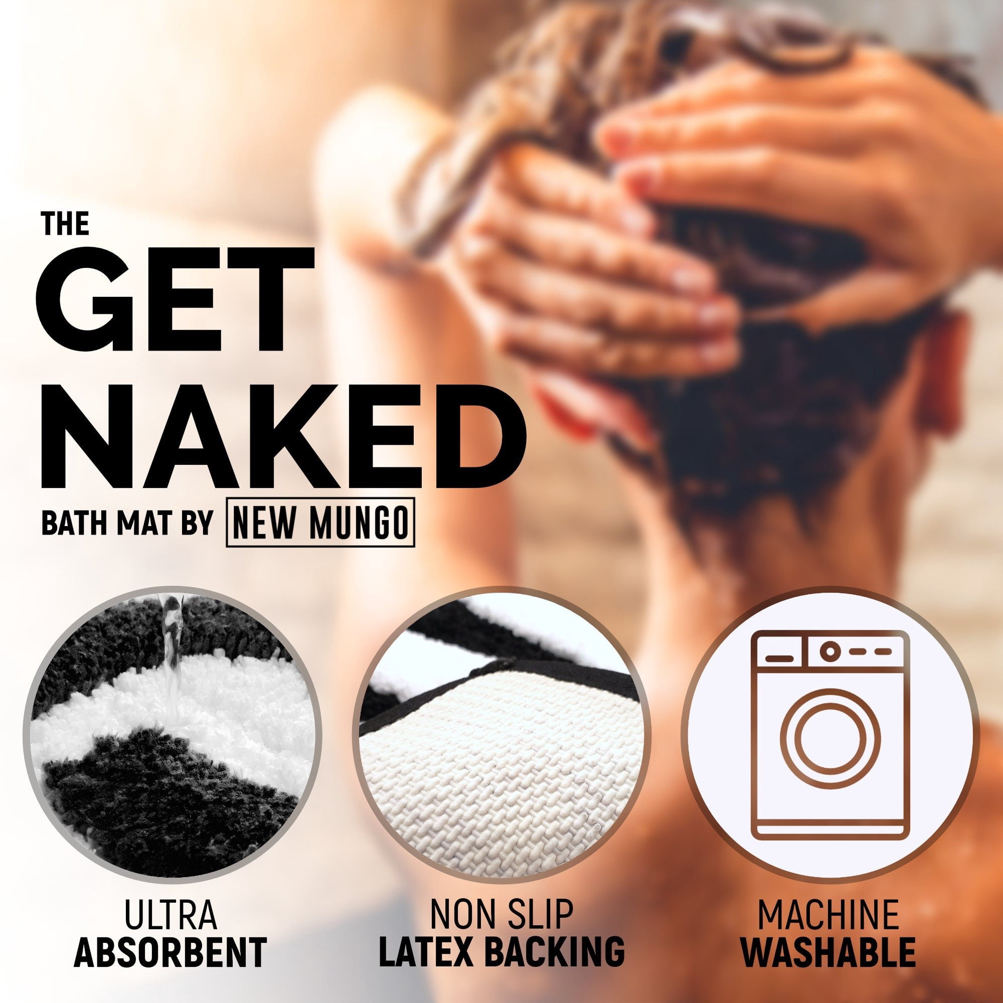 Get Naked Bath Mat - Cute Bath Mat for Apartment Decor - Black Bath Mat - Black Bathroom Rug with White Letters - 31" x 20"