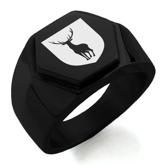 Tioneer Stainless Steel Stag Purity Coat of Arms Shield Engraved Hexagon Crest Flat Top Biker Style Polished Ring