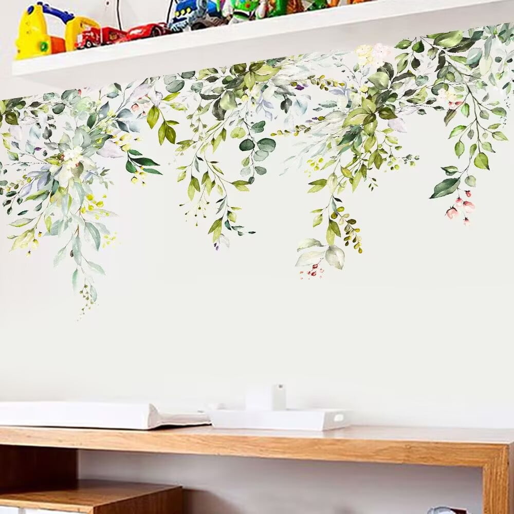 Green Plants Leaves Wall Decals Peel and Stick, Large Floral Flowers Wall Stickers, DIY Removable Vine Home Decor Art for Bedroom Living Room Classroom Office