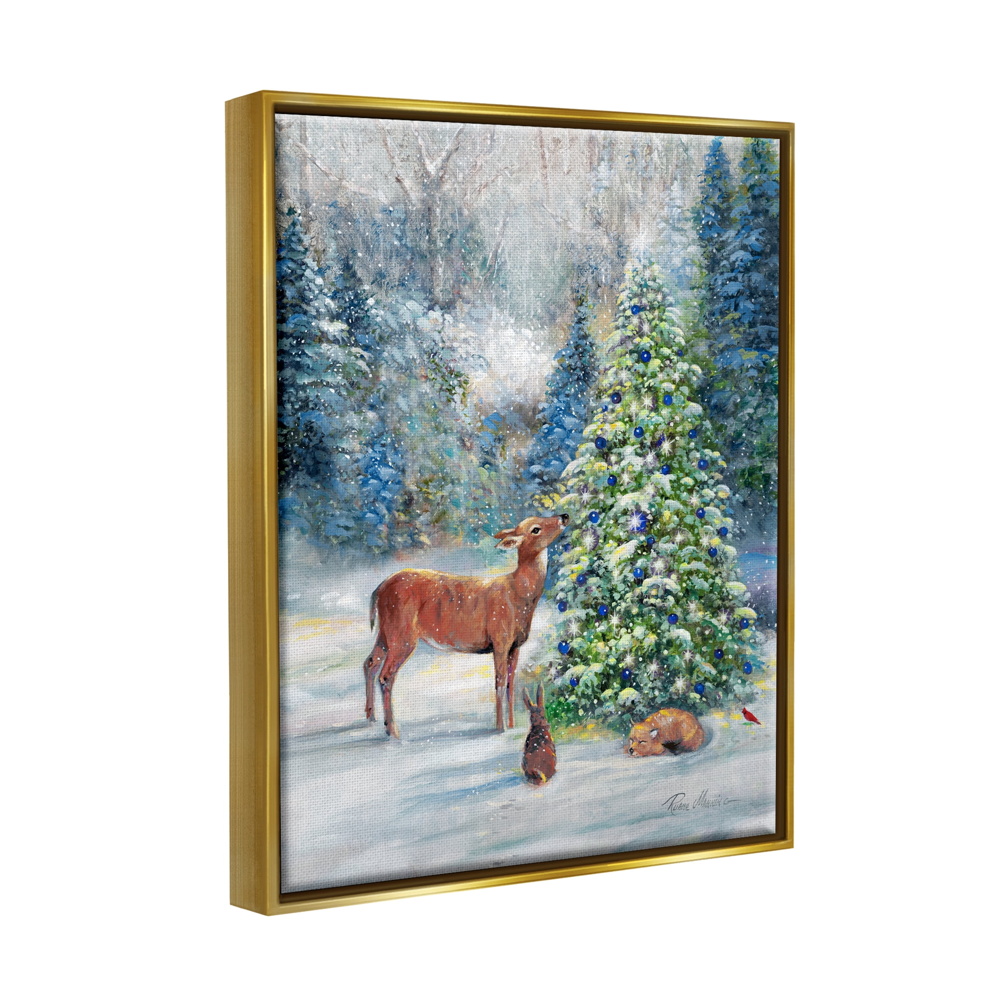 Stupell Industries Winter Woodland Animals Tree Holiday Painting Gold Floater Framed Art Print Wall Art