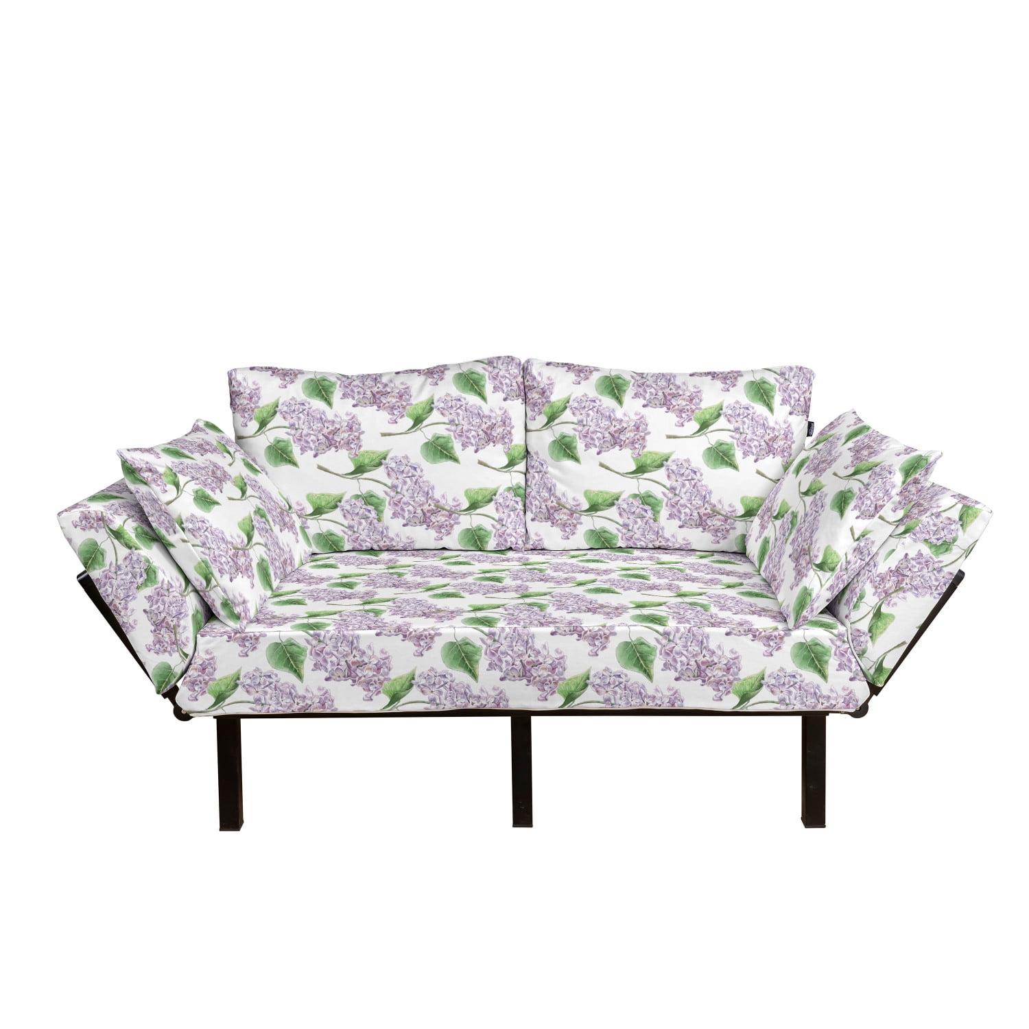 Lilac Futon Couch, Watercolor Hand Drawn Style Aromatic Herbal Growth Countryside Cottage Theme