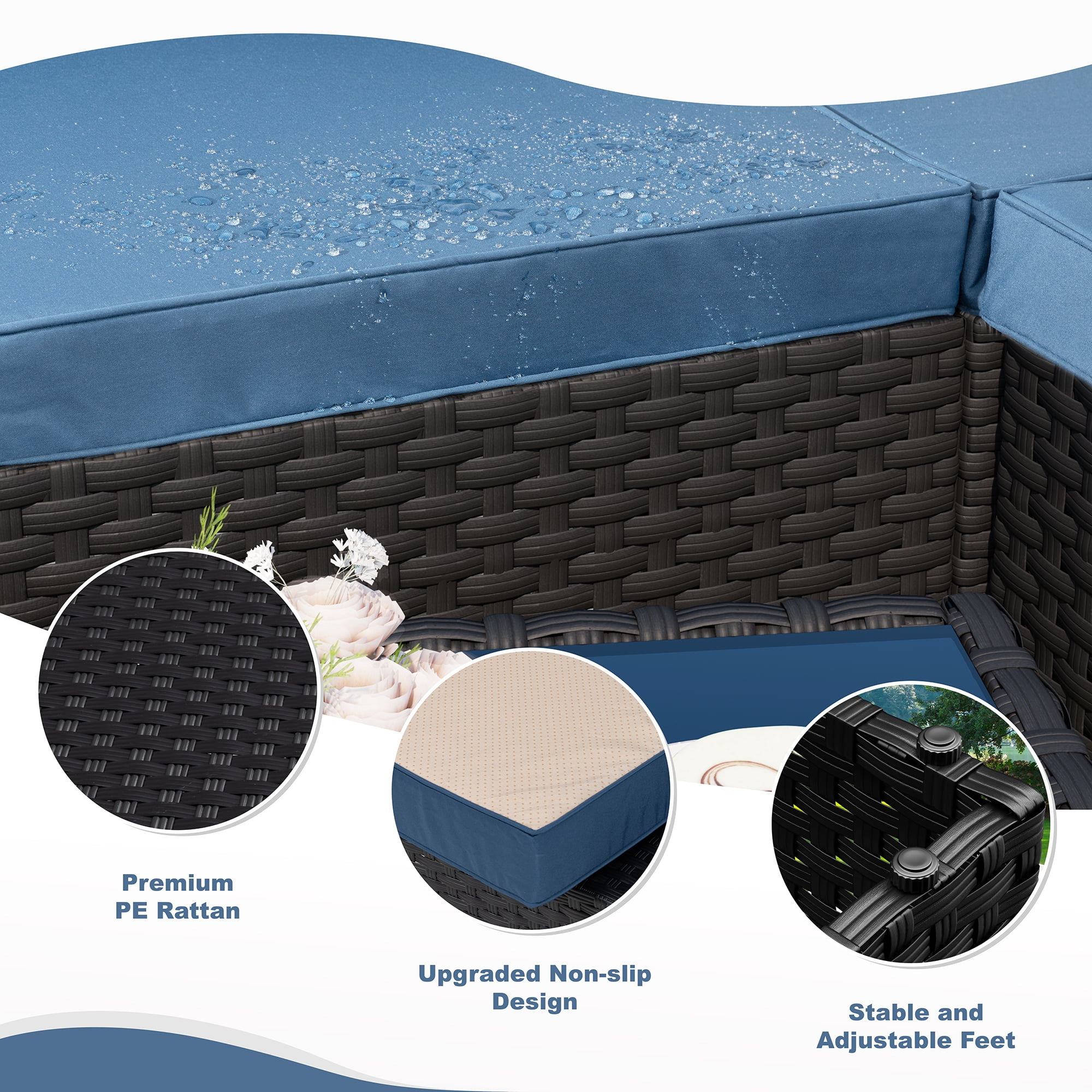 Walsunny 8 Pieces Patio Wicker Rattan Fire Pit Furniture Conversation Sets with Outdoor Sectional Sofa,45" Gas Propane Fire Pit Table,Glass Coffee Table,Black Rattan Blue Cushion