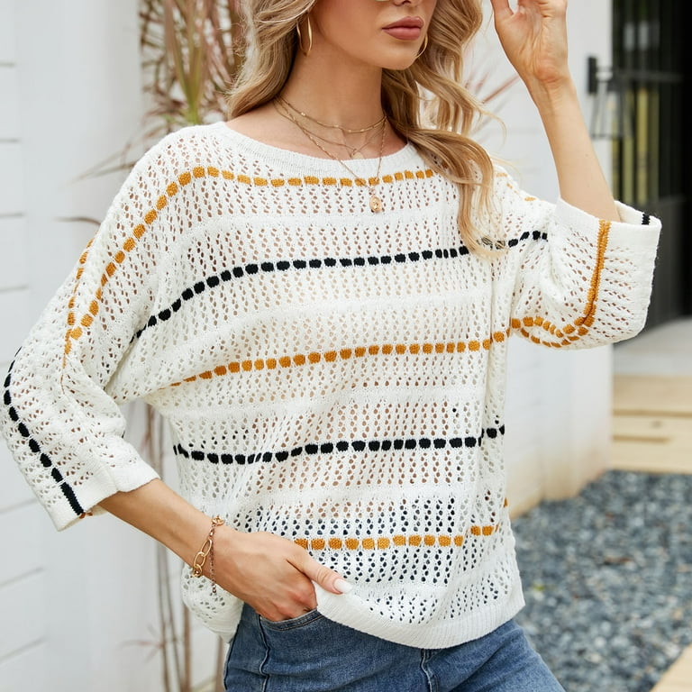 Women's Fall Striped Mesh Crochet Tops Off Shoulder Three