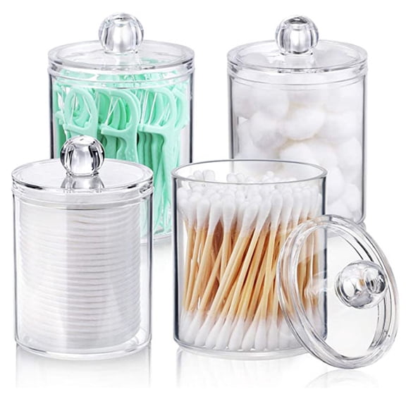 Bathroom Organizers and Storage Countertop Clear Acrylic Canisters 4 Pack Bathroom Jars with Lids for Cotton Swabs Flossers Cotton Rounds Vanity Makeup Organization