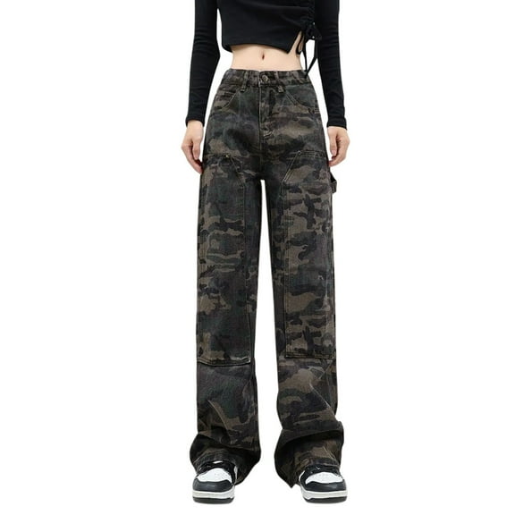 Akiihool Denim Jeans for Women Ripped Mid Waisted Boyfriend Jeans Distressed Stretchy Denim Pants, Camouflage Size XS