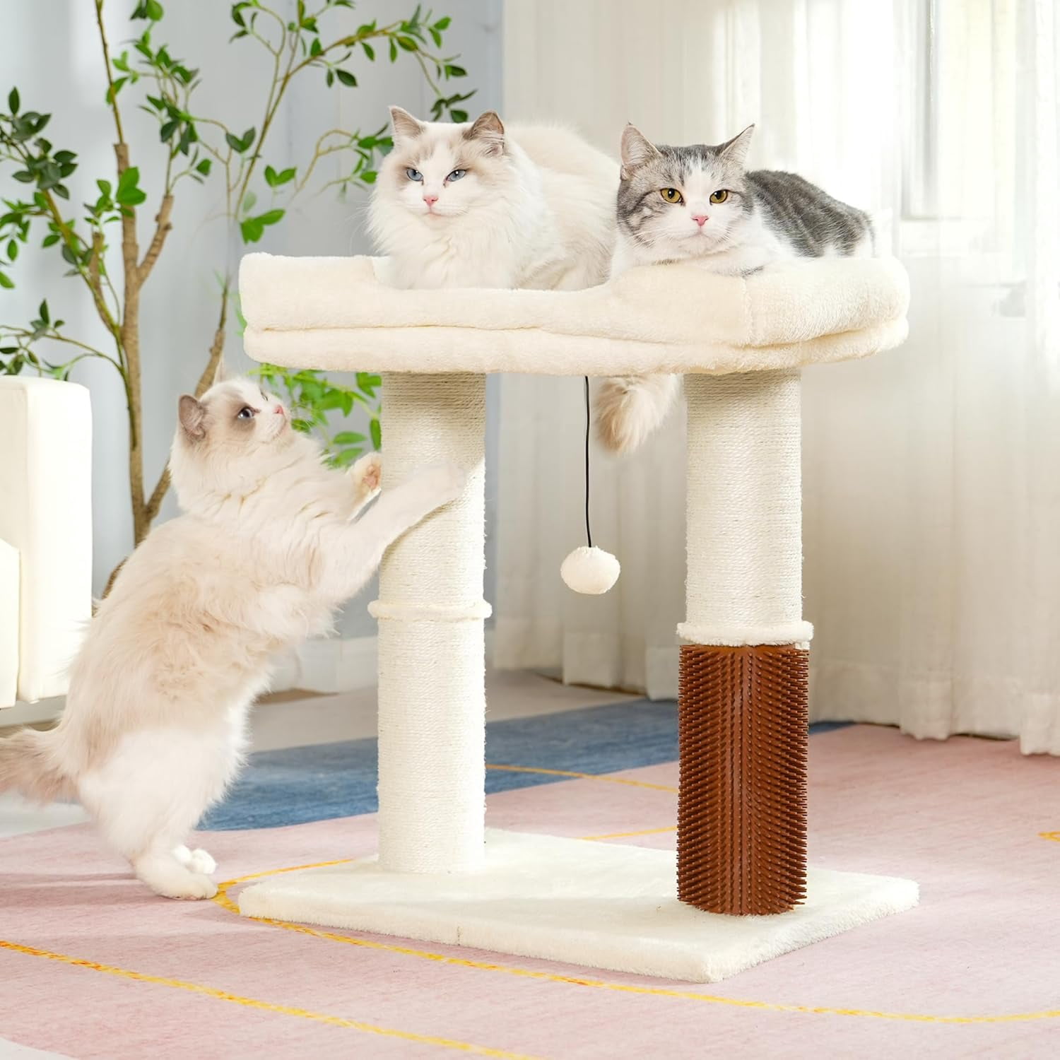 Cat Tree Tower for Large Cats Cat Scratching Post with Cat Self Groomer,Top Bed, Thick Scratch Post Danging Ball Great for Indoor Cats