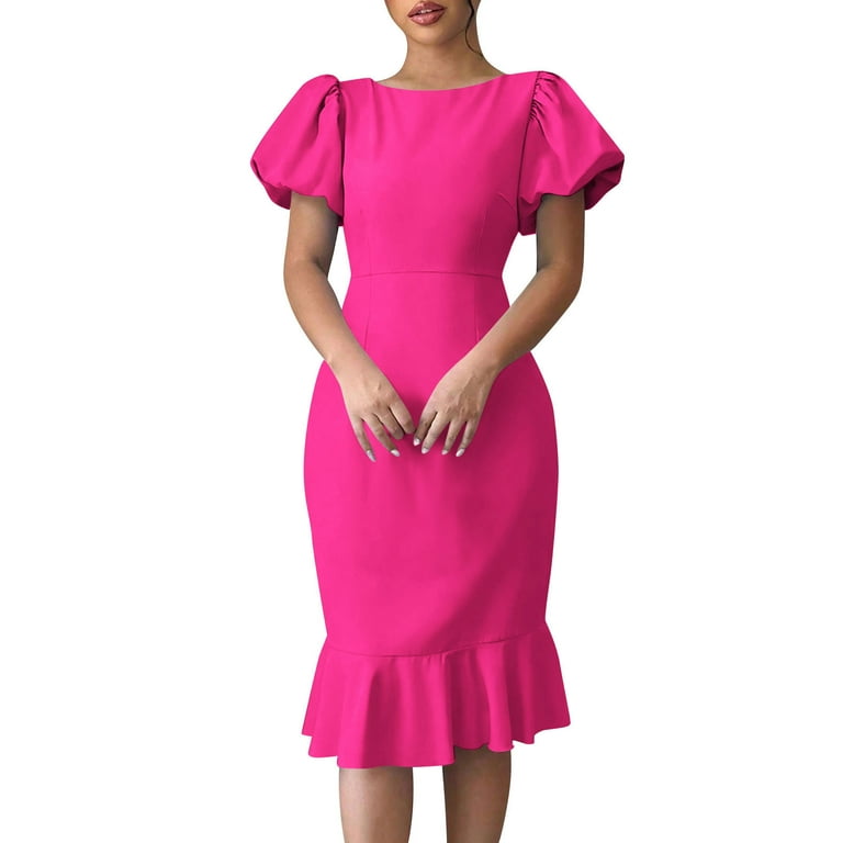 Simua Womens Dresses Elegant Balloon Sleeve Ruffled Fishtail Dress Solid  Crewneck Midi Bodycon Dresses - Walmart.com