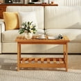 thumbnail image 3 of Patiojoy Table Basse en Bois d'Acacia Table Basse en Bois à 2 Niveaux avec Plateau à Lattes et Tablette de Rangement, 3 of 9