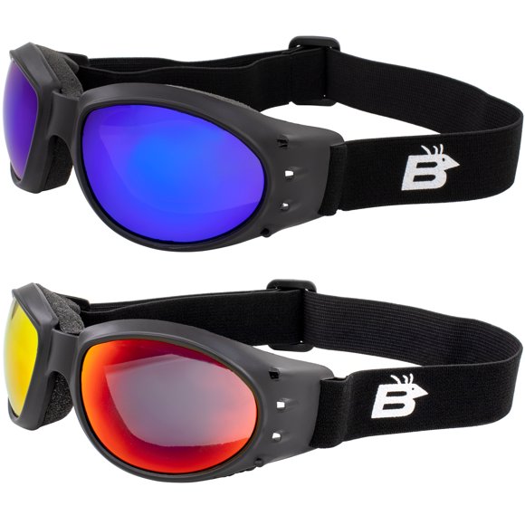2 Pairs Birdz Eagle Matte Black Padded Sport Riding Goggle with ReflecTech Red/Blue Mirror Lens