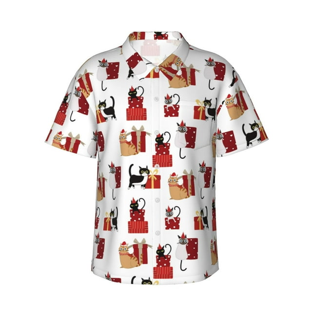 Balery Cute Cat And Christmas Gift Camisas hawaianas de manga corta para hombre, camisas playeras de corte holgado, camisas de vacaciones con botones,Large